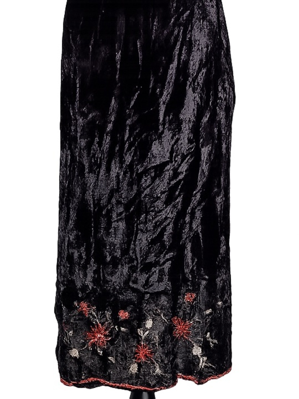 Vintage Black Velvet Midi Skirt Floral Embroidered Hem Soft Grunge Chic